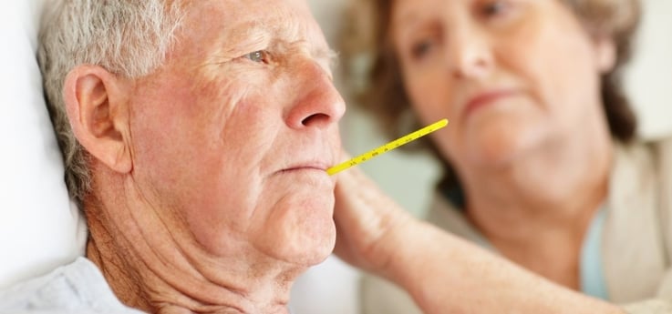 elderly man sick in bed with a thermometer in his mouth